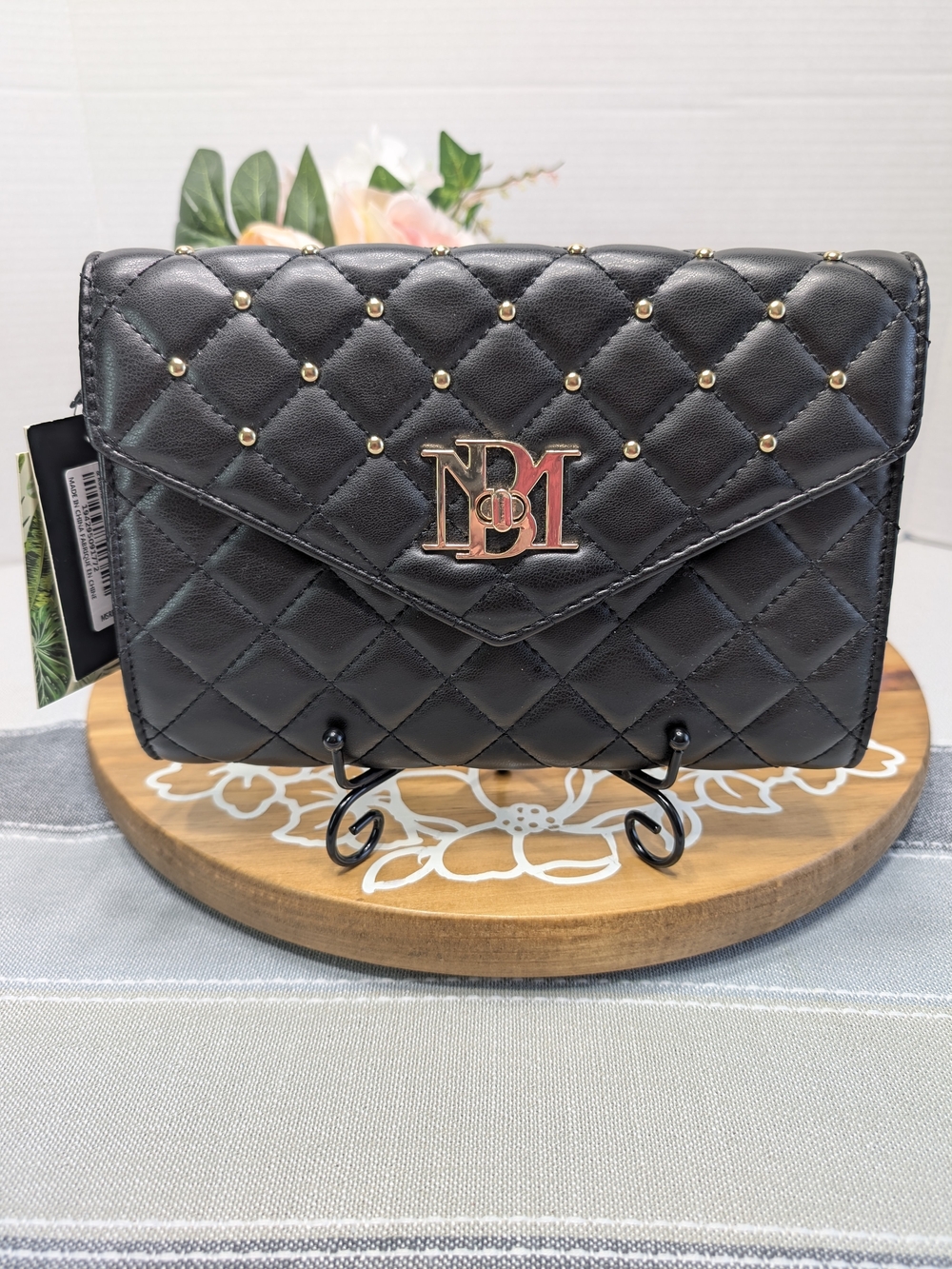Badgley Mischka Diamond Quilted Crossbody Clutch w/ Gold Studs